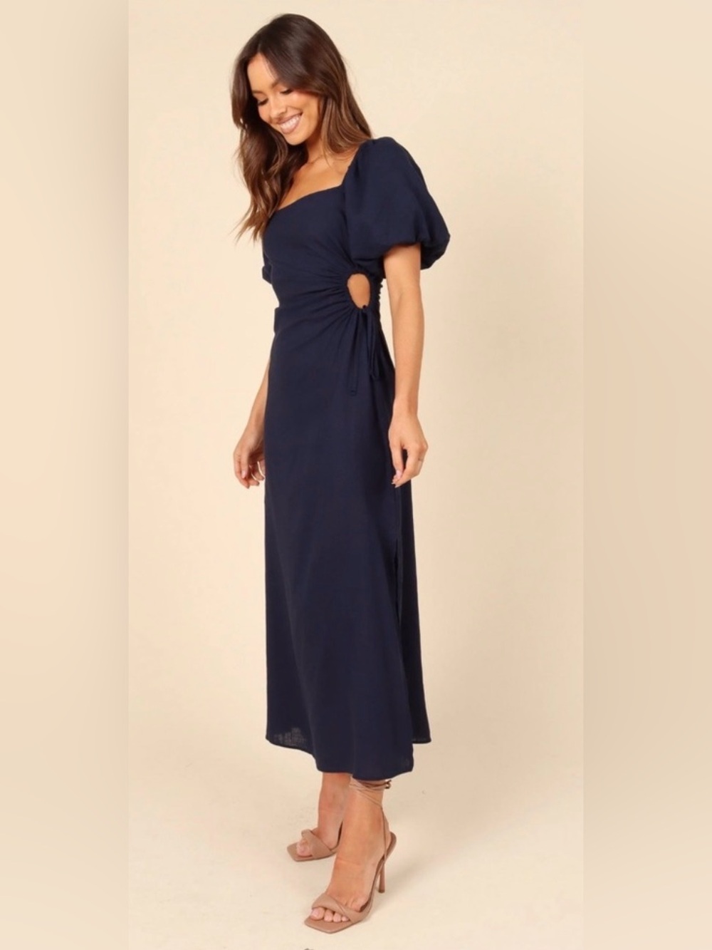 Petal + Pup Chloe Cut-Out Dress Linen Blend Puff Sleeve Midi , Small - Picture 4 of 13